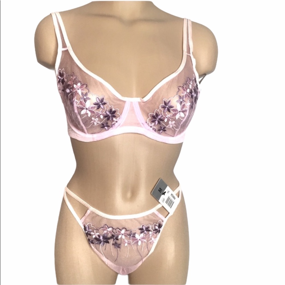 PARISA Underwire Bra and Thong Panty Set Lavender Floral Sheer 36C / Medium